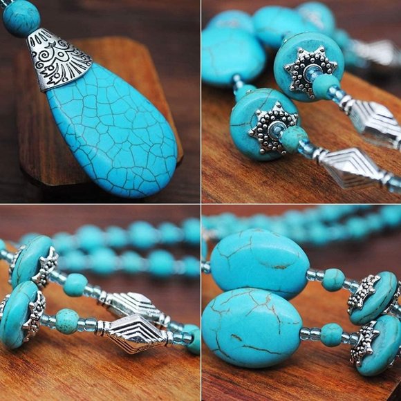 3 Pieces Bohemian Turquoise Necklace for Women Western Jewelry Boho Turq… - Picture 6 of 7
